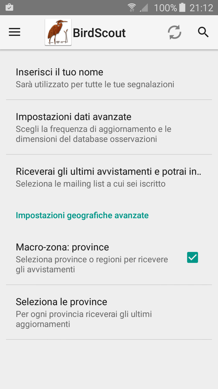 BirdScout preferenze
